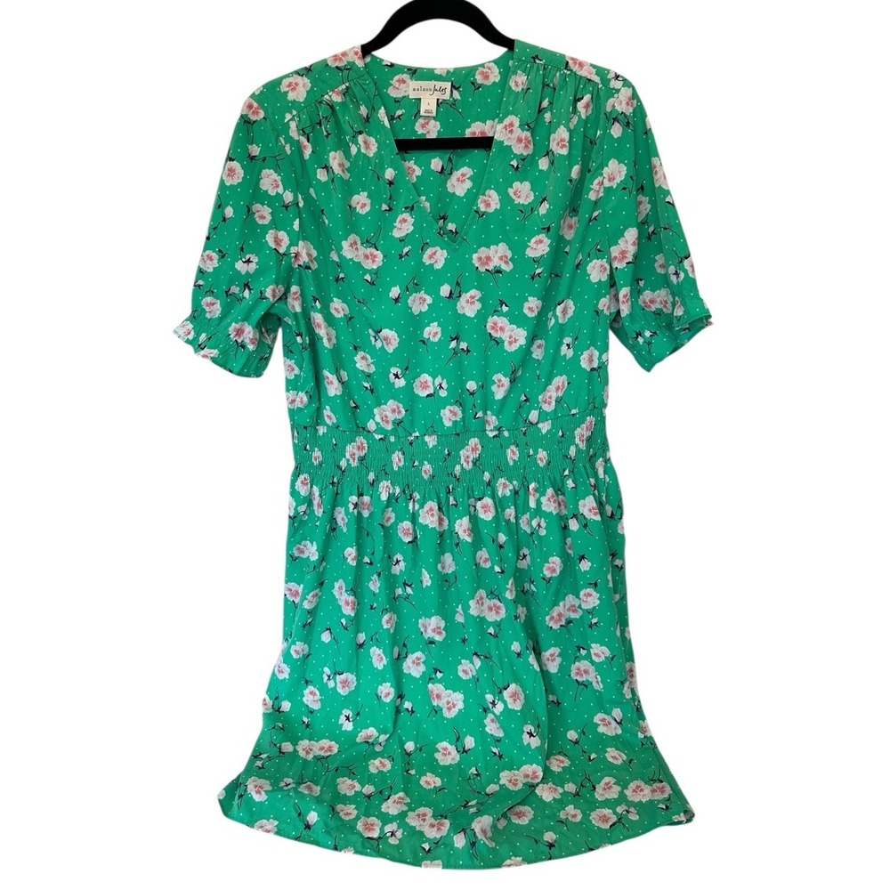 Maison Jules Bright Green Floral-Print Dress Smocked Elastic Waist V-Neck Sz L